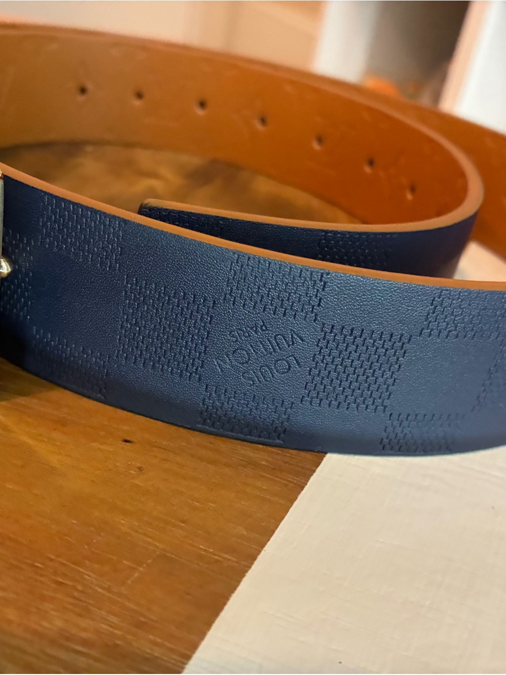 Source Unknown LV Navy Leather Belt with Gold Plaque Buckle